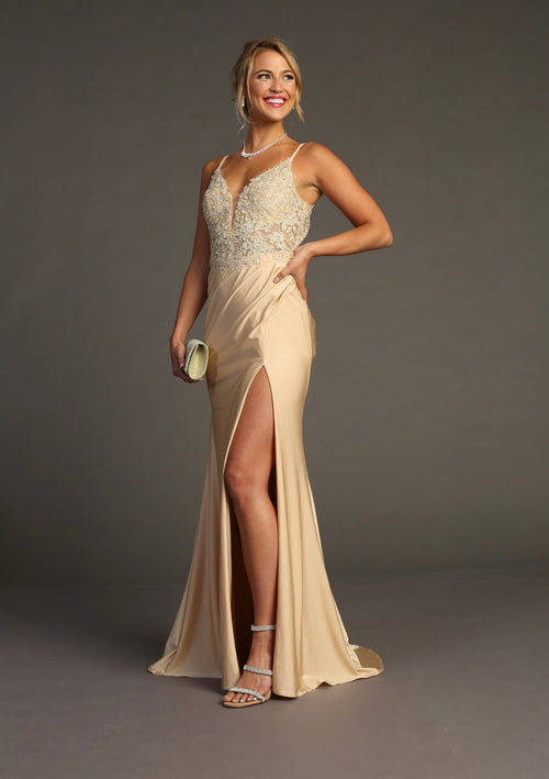 Chicas YG5033 Glam Prom Illusion Floor-Length High-Slit Strappy Lace Dress