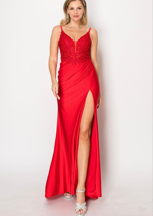 Chicas YG5033 Glam Prom Illusion Floor-Length High-Slit Strappy Lace Dress