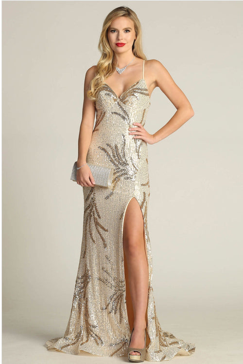 Chicas C316 Prom Maxi High-Slit Sequin Strappy Style Fabric Dress