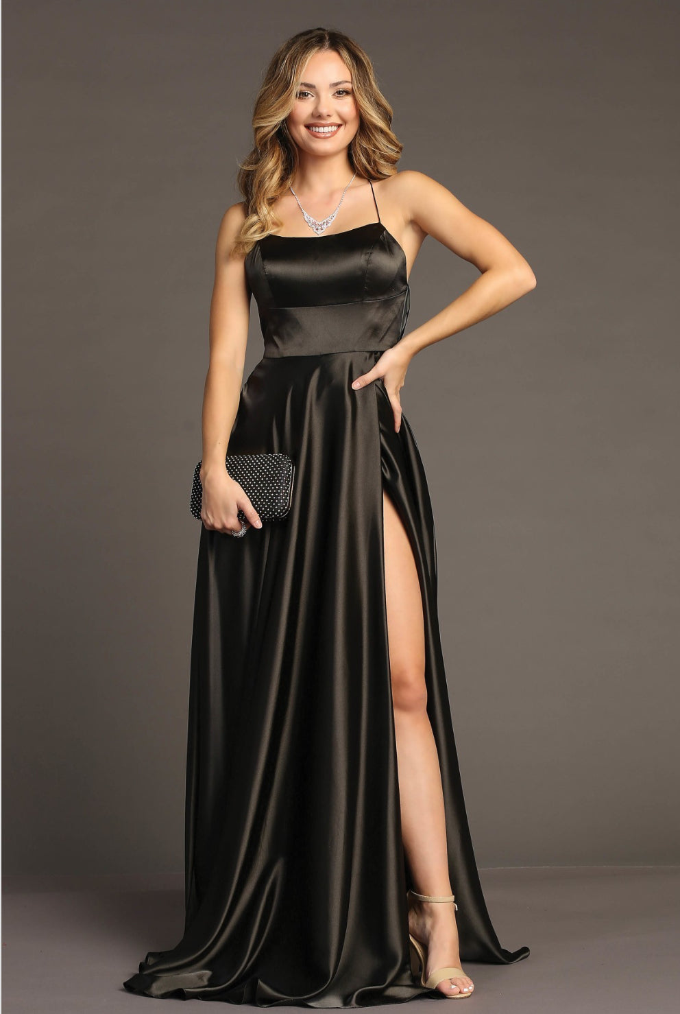 Chicas 9149 Floor-Length Long Maxi High-Slit Strappy Formal Satin Dress