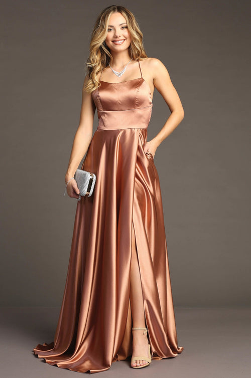 Chicas 9149 Floor-Length Long Maxi High-Slit Strappy Formal Satin Dress