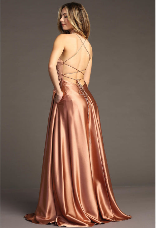 Chicas 9149 Floor-Length Long Maxi High-Slit Strappy Formal Satin Dress