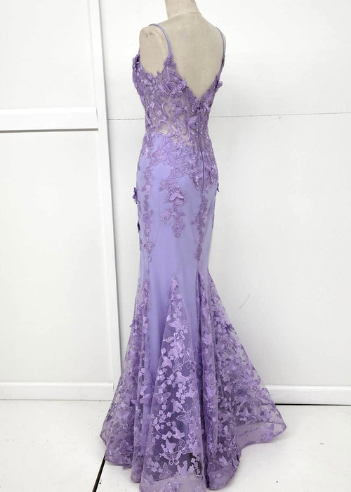 Chicas C816 Romantic Printed Prom Lilac Mermaid Spaghetti-Strap Tulle Dress