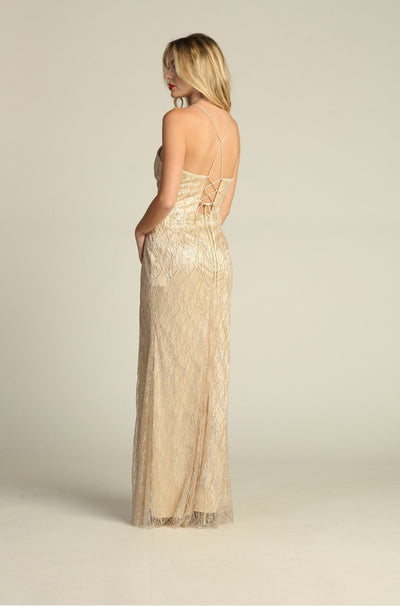 Chicas 4023 Long V-Neck Floor-Length High-Slit Formal Fabric Dress