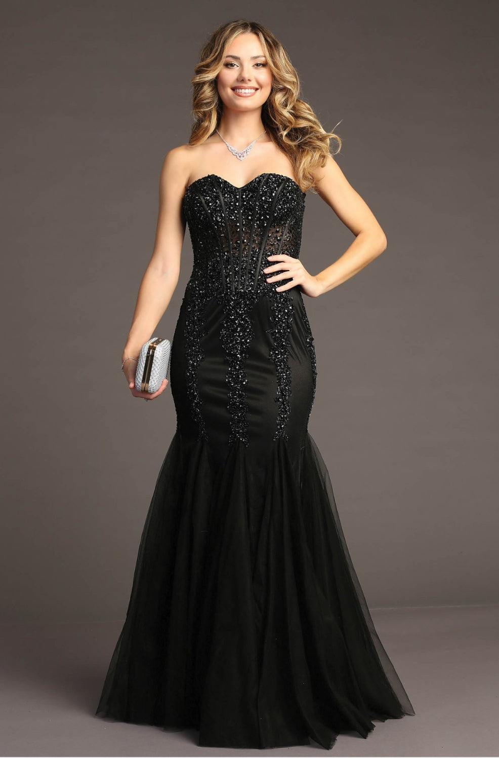Chicas C280 Mermaid Sweetheart Floor-Length Corset Beaded Fabric Dress