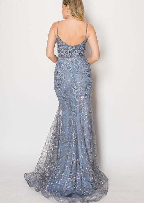 Chicas DM4029 Modern Printed Prom Blue Spaghetti-Strap Floral Fabric Dress