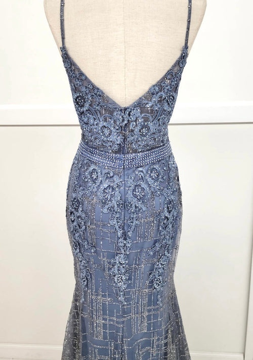 Chicas DM4029 Modern Printed Prom Blue Spaghetti-Strap Floral Fabric Dress