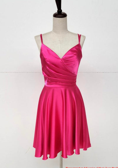 Chicas J013 Cocktail Royal A-Line Spaghetti-Strap Short Pleated Satin Dress