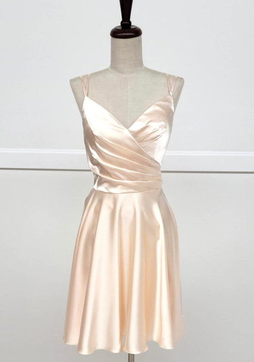Chicas J013 Cocktail Royal A-Line Spaghetti-Strap Short Pleated Satin Dress