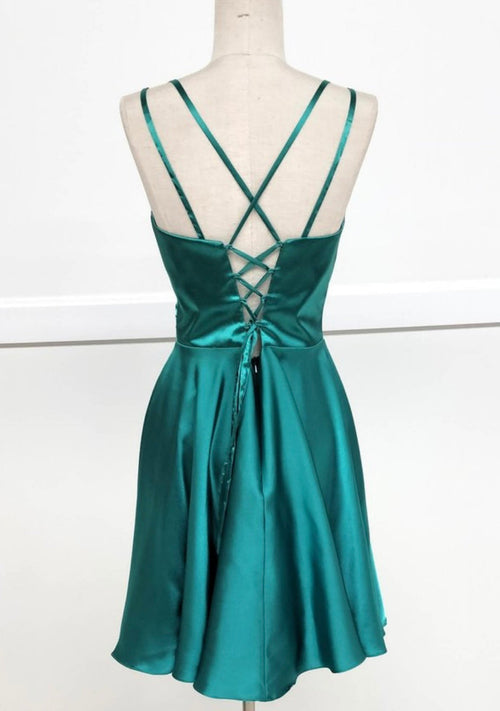 Chicas J013 Cocktail Royal A-Line Spaghetti-Strap Short Pleated Satin Dress