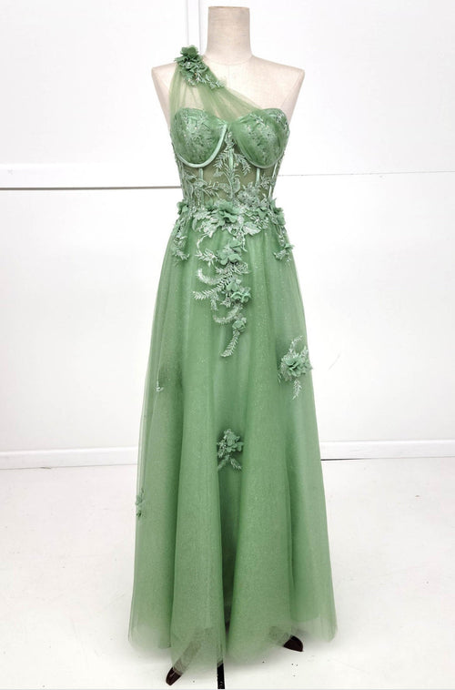 Chicas YG5028 A-Line One-Shoulder Floral Maxi Corset Fabric Dress