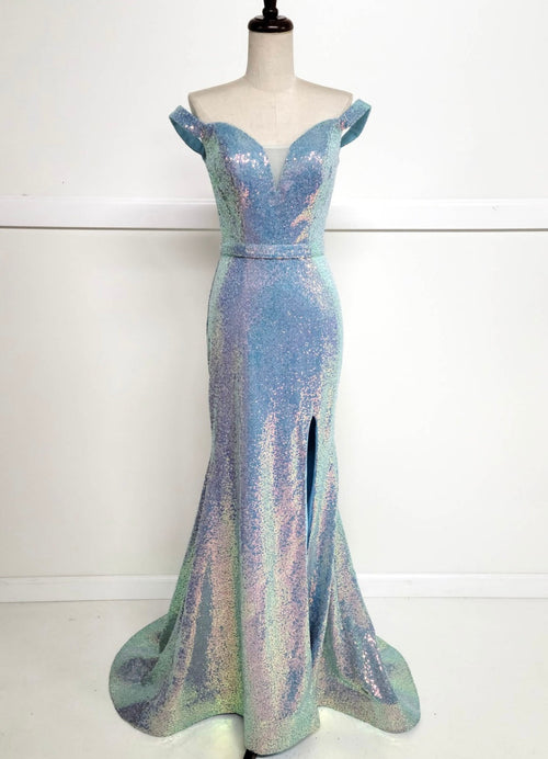 Chicas C324 Glitter Prom Blue Illusion Floor-Length High-Slit Fabric Dress