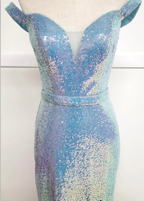 Chicas C324 Glitter Prom Blue Illusion Floor-Length High-Slit Fabric Dress