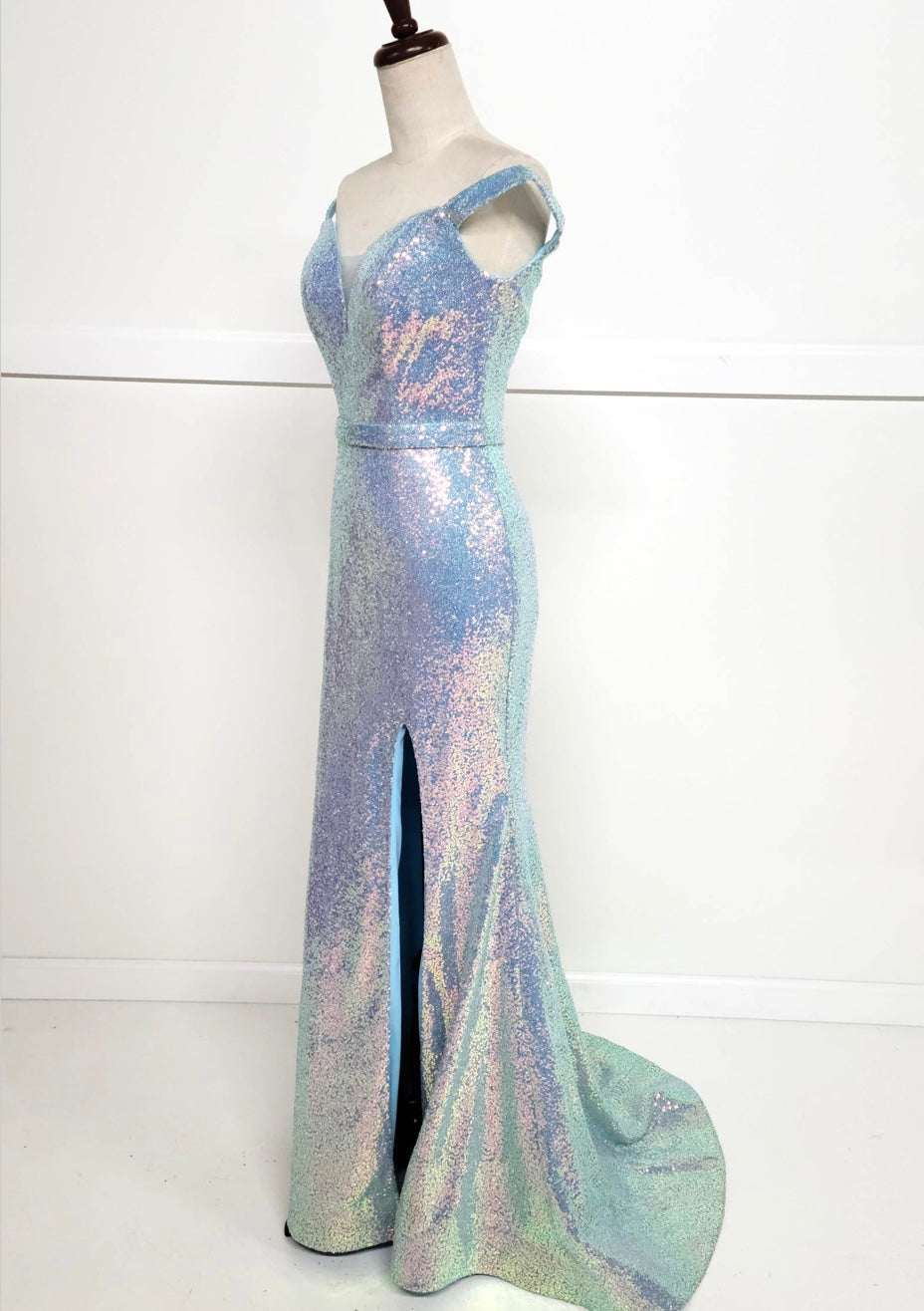 Chicas C324 Glitter Prom Blue Illusion Floor-Length High-Slit Fabric Dress