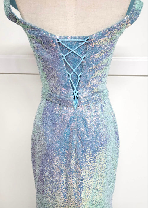 Chicas C324 Glitter Prom Blue Illusion Floor-Length High-Slit Fabric Dress