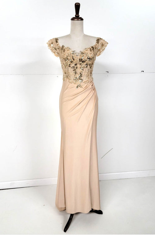 Chicas YG5027 Off-Shoulder Floor-Length High-Slit Formal Fabric Dress