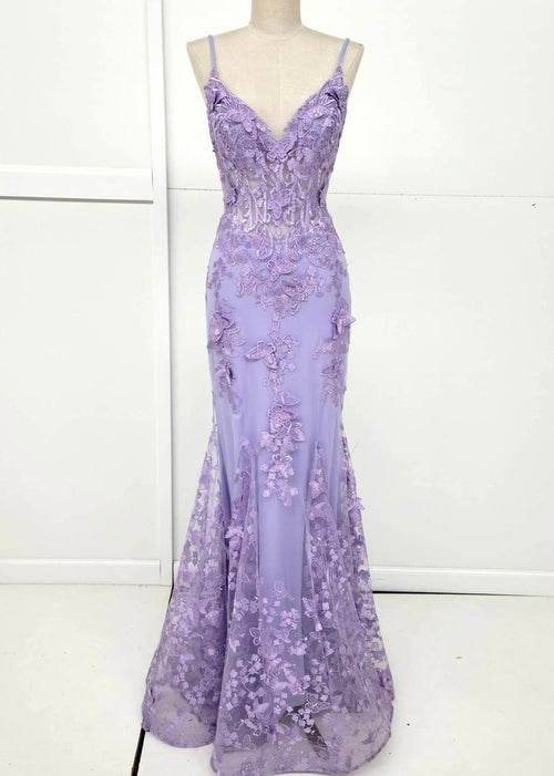 Chicas C816 Printed Prom Lilac Mermaid Spaghetti-Strap Butterfly Tulle Dress