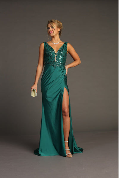 Chicas YG5032 V-Neck Floor-Length High-Slit Sequin Style Fabric Dress