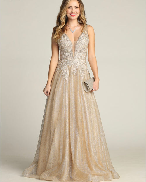 Chicas C2425 Glitter Prom Champagne A-Line Illusion Lace Dress