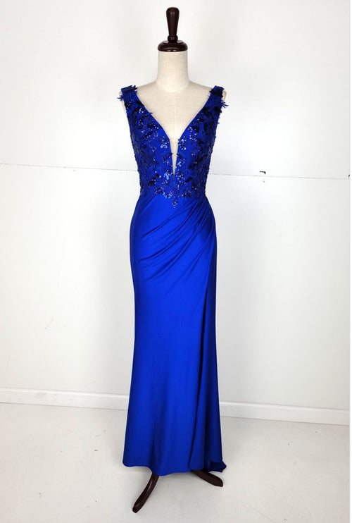 Chicas YG5032 V-Neck Floor-Length High-Slit Sequin Style Fabric Dress
