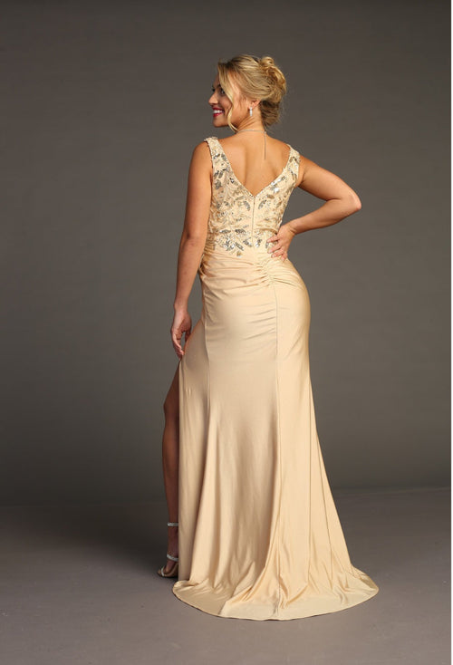 Chicas YG5032 V-Neck Floor-Length High-Slit Sequin Style Fabric Dress