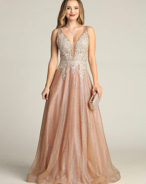 Chicas C2425 Glitter Prom Champagne A-Line Illusion Lace Dress
