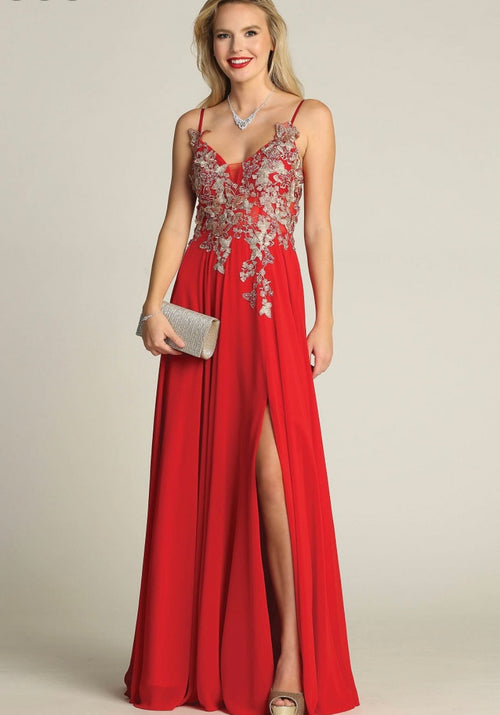 Chicas C5124 Printed Prom Navy A-Line Spaghetti-Strap Floral Chiffon Dress