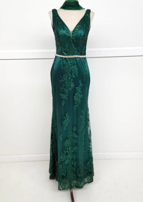 Chicas DM4026 Printed Evening Floral Floor-Length Beaded Embroidered Satin Dress