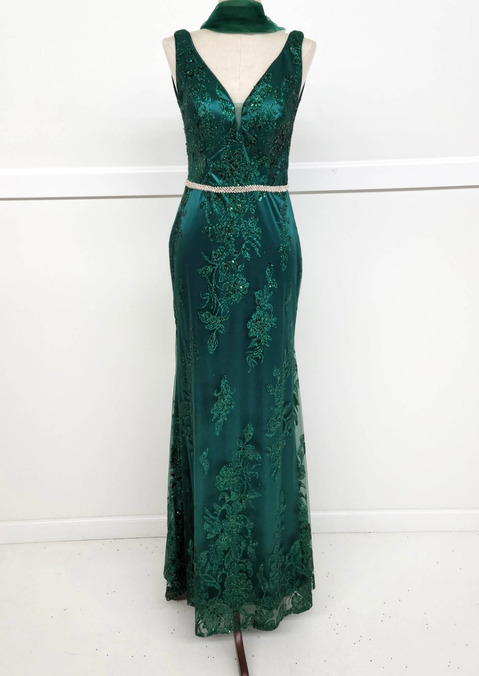 Chicas DM4026 Printed Evening Floral Floor-Length Beaded Embroidered Satin Dress