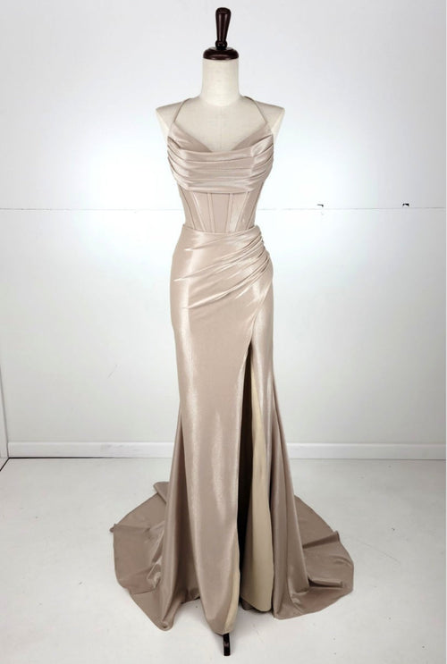 Chicas C326 Solid-Color Mermaid Spaghetti-Strap Long Corset High-Slit Fabric Dress
