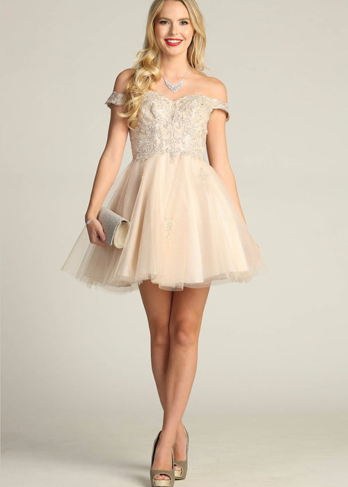 Chicas C314 Elegant Printed Glitter Formal White Floral Tulle Dress