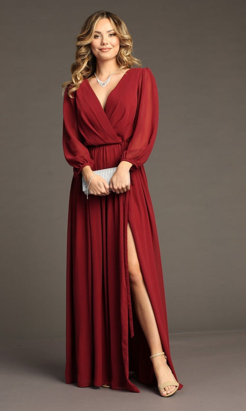Chicas J012B V-Neck Long Removable-Belt Chic Style Chiffon Dress