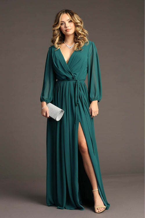 Chicas J012B V-Neck Long Removable-Belt Chic Style Chiffon Dress