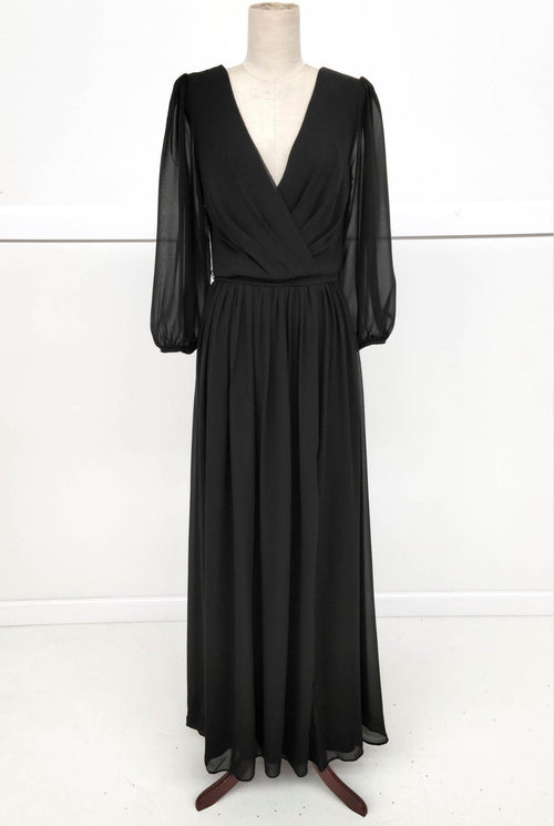 Chicas J012B V-Neck Long Removable-Belt Chic Style Chiffon Dress