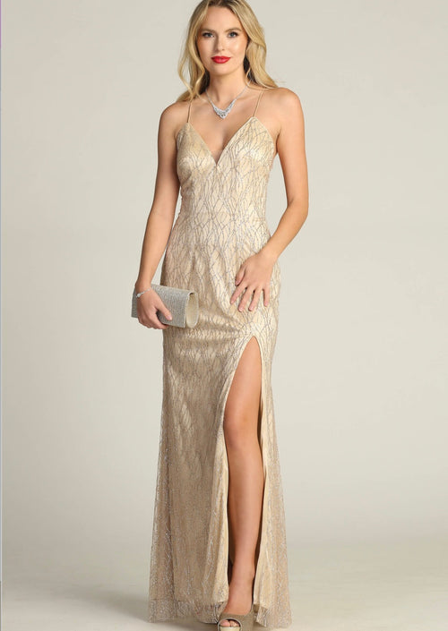Chicas 4023 Prom Champagne Spaghetti-Strap Floor-Length Fabric Dress
