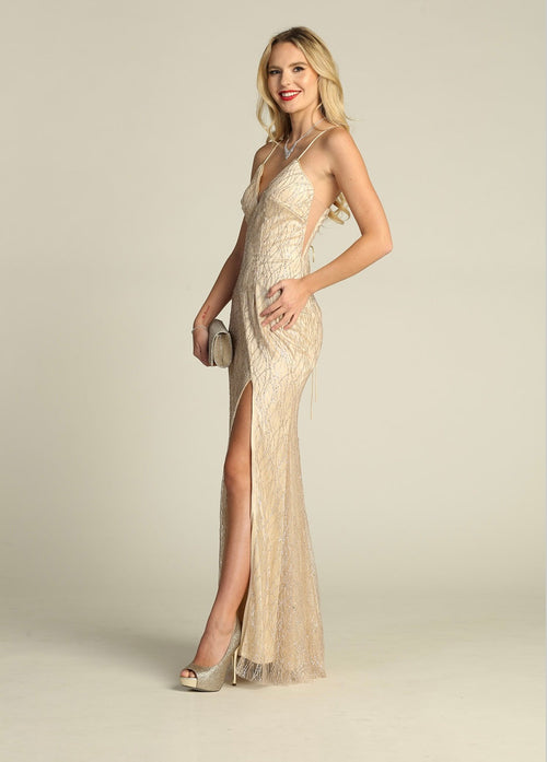 Chicas 4023 Prom Champagne Spaghetti-Strap Floor-Length Fabric Dress