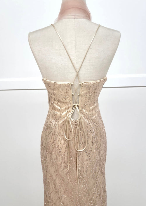 Chicas 4023 Prom Champagne Spaghetti-Strap Floor-Length Fabric Dress