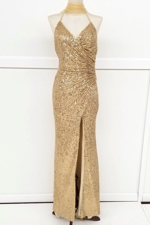 Chicas C2404 Long High-Slit Sequin Strappy Style Fabric Dress