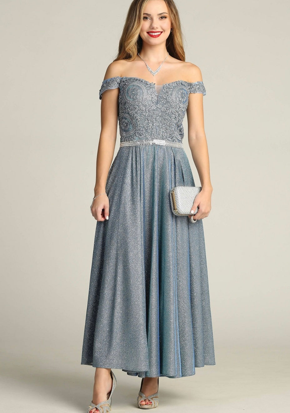 Chicas DM4027 Elegant Evening Blue A-Line Illusion Tea-Length Fabric Dress