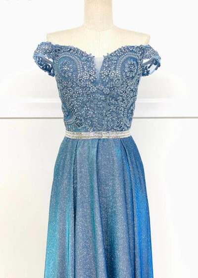 Chicas DM4027 Elegant Evening Blue A-Line Illusion Tea-Length Fabric Dress