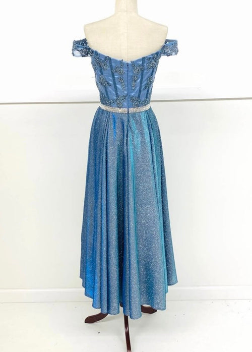 Chicas DM4027 Elegant Evening Blue A-Line Illusion Tea-Length Fabric Dress