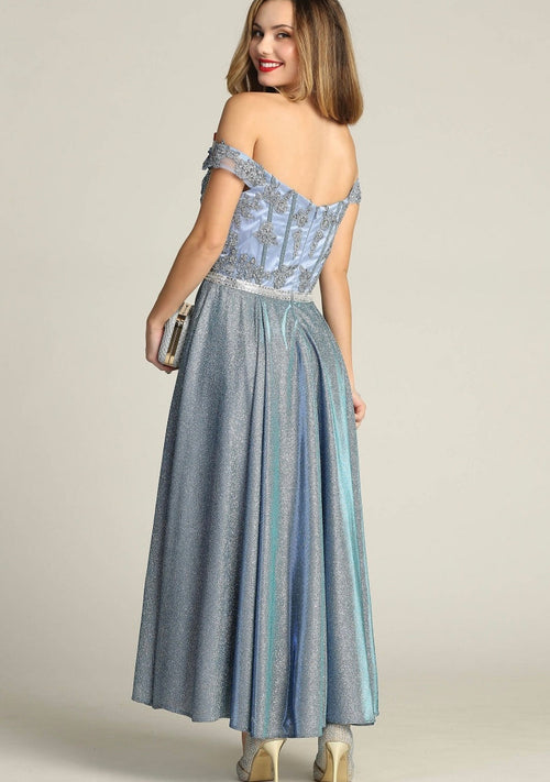 Chicas DM4027 Elegant Evening Blue A-Line Illusion Tea-Length Fabric Dress