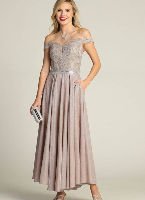 Chicas DM4027 Elegant Evening Blue A-Line Illusion Tea-Length Fabric Dress