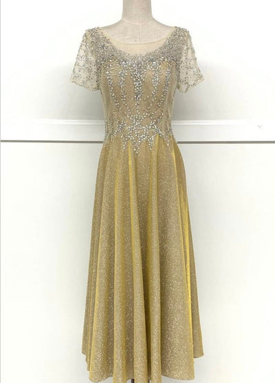 Chicas J014 Elegant Bridal Blue A-Line Illusion Tea-Length Fabric Dress