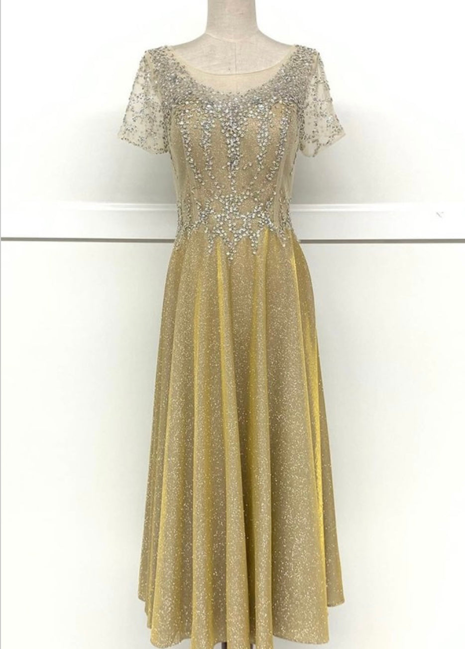 Chicas J014 Elegant Bridal Blue A-Line Illusion Tea-Length Fabric Dress