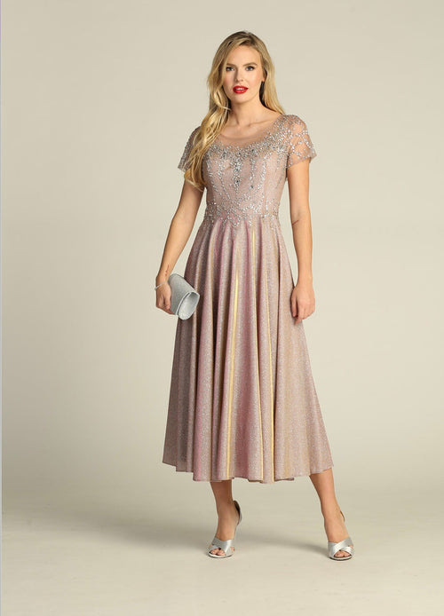 Chicas J014 Elegant Bridal Blue A-Line Illusion Tea-Length Fabric Dress