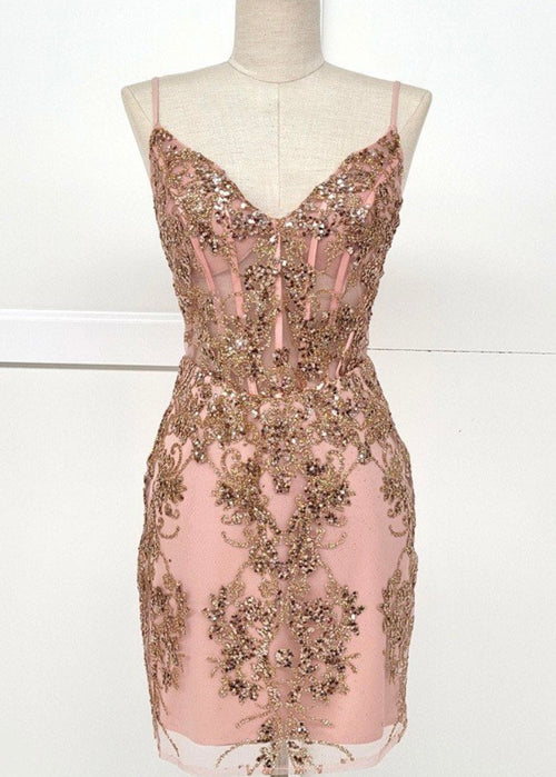 Chicas C814 Cocktail Illusion Short Corset Beaded Mesh Dress
