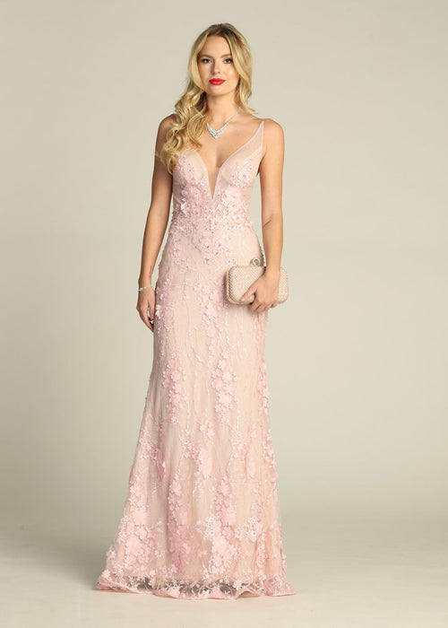 Chicas HF3058 Romantic Printed Prom Blush Illusion Floral Mesh Dress