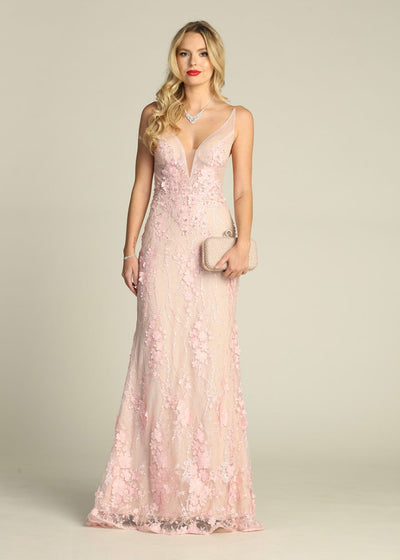 Chicas HF3058 Romantic Printed Prom Blush Illusion Floral Mesh Dress