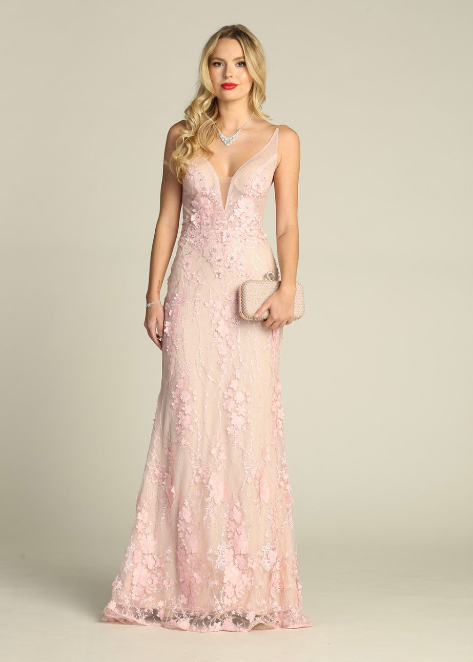 Chicas HF3058 Romantic Printed Prom Blush Illusion Floral Mesh Dress